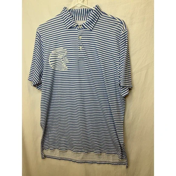 B Draddy Blue White Striped Nautilus Pattern Cotton Golf Polo Medium Shortsleeve - Picture 2 of 4